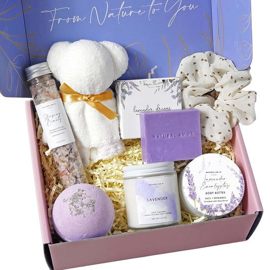 Natural Amor Lavender Spa Gifts for Women,7pcs Self Care Box Including Soap Bar, Candle, Bath Butter