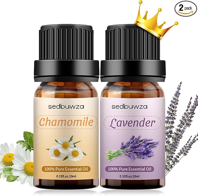 Sedbuwza Lavender Chamomile Essential Oil Set, Lavender Fragrance Oil Chamomile Scent Oil Set for Diffuser, Aromatherapy, Massage, Soap, Candle Making 2 x 10 ml