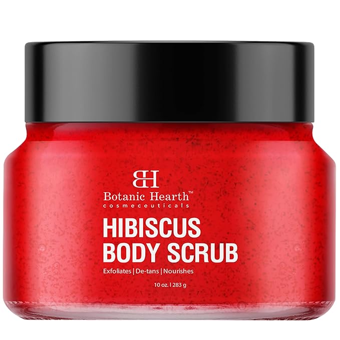 Botanic Hearth Hibiscus Body Scrub Exfoliator | Hydrating Raw Sugar Body Scrub | Natural Body Scrub for Skin Care, Stretch Marks, Acne & Cellulite, Eczema, Age Spots & Varicose Veins | 10 oz