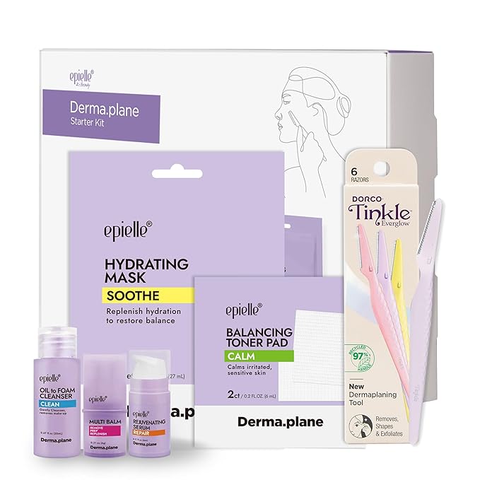 Tinkle Complete Safe Dermaplane Starter Kit (Pack of 6 Razors), Cleanser, Multi-Balm, Dermaplane Tool, Toner, Hydrating Mask & Serum, Peach Fuzz Removal