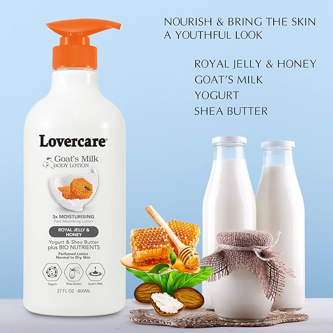 Lover's Care Goat Milk Body Lotion for Dry Skin Royal Jelly & Honey 27.05oz (800ml) - Combo Body Lotion & Body Wash…