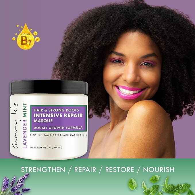 Sunny Isle Lavender Mint Hair and Strong Roots Intensive Repair Masque 16oz | Double Growth Formula | Biotin and Jamaican Black Castor Oil