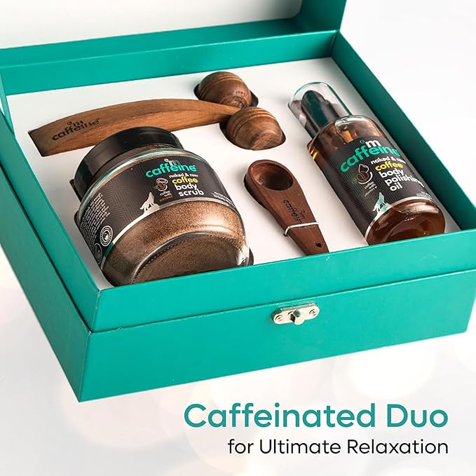 mCaffeine Coffee De-stress Gift Kit for Unisex - 4 Pc 3.38oz Naked and Raw Coffee Body Polishing Oi, 3.5oz Naked and Raw Coffee Body Scrub - Coconut, Brew Scoop, Wooden Massager