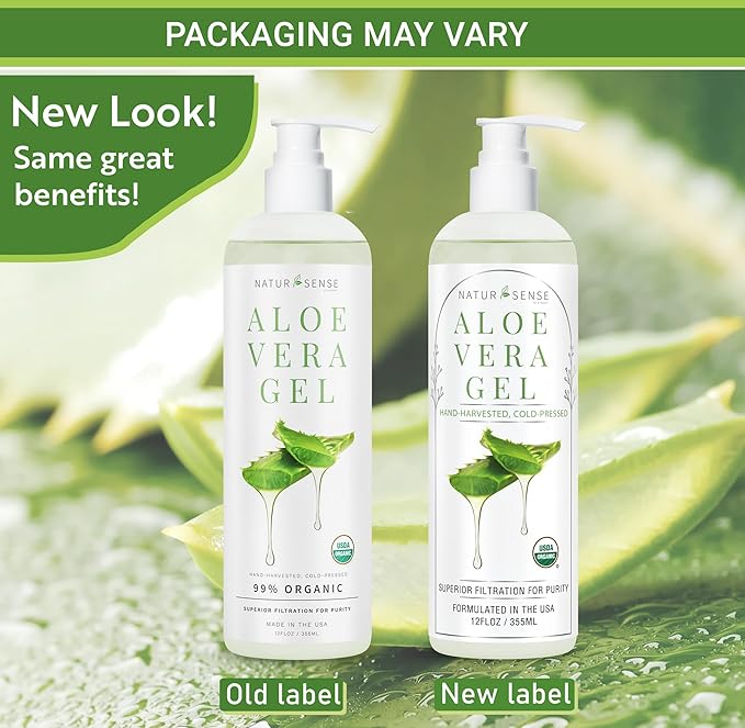 NaturSense USDA Organic Aloe Vera Gel from 100% Pure Aloe. Same Gentle Aloe, Pink/Amber Color is Natural. Great for Hair, Scalp, Face, Dry Skin, Acne, Sunburn, Sensitive Skin. Unscented, 12 oz.
