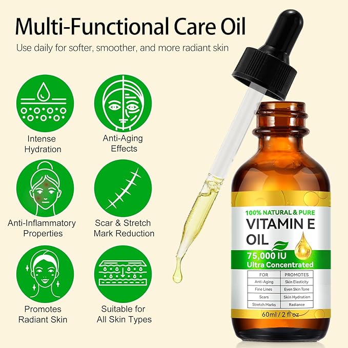 Vitamin E Oil for Skin, Hair & Face -75000 IU, Natural & Organic Vitamin E for Scars, Scalp, Bath & Body Oil, Moisturizing Dry Skin, 4Oz
