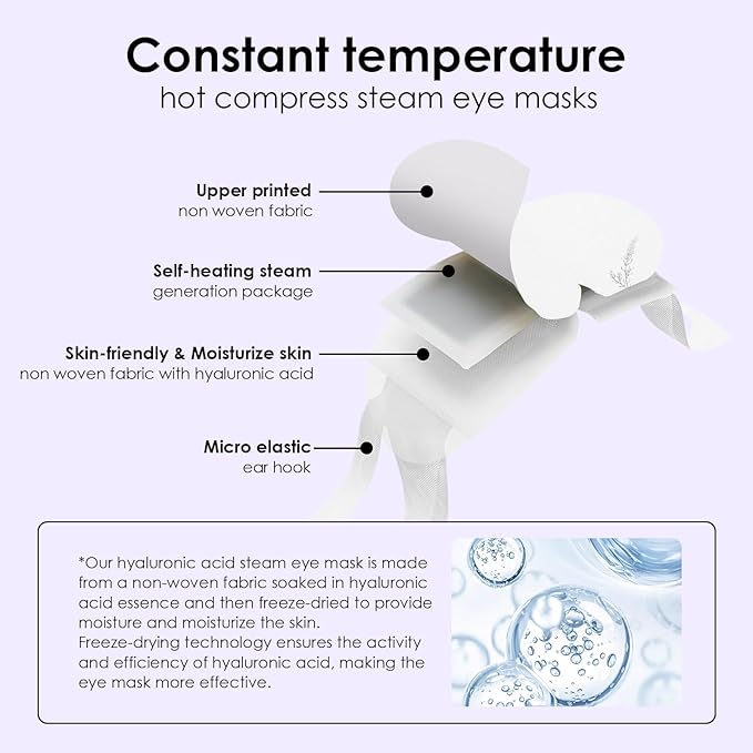 Disposable Hyaluronic Acid Eye Masks for Sleep & Relaxation, Heated Steam Eye Masks for Spa & Travel,Relieving Dry Eyes, Dark Circles & Puffiness,Gifts for Women,Lavender 10 Packs