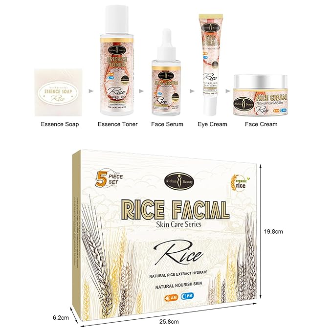 AICHUN BEAUTY Organic Rice Facial Skin Care Set Hydrate Rejuvenating Essence Soap Toner Face Serum Eye Cream Gift Box 100g+100ml+40ml+50ml+25ml 5PCS