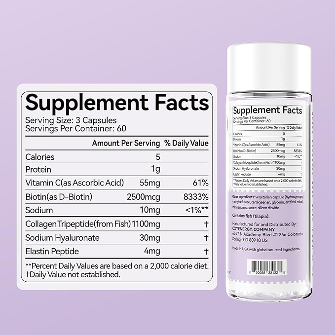 OxyEnergy Collagen Peptides Capsules for Women, 1100mg Hydrolyzed Collagen Tripeptides(Types I) Supplements with Biotin and Vitamin C, 180 Collagen Pills to Promotes Hair, Nail, Skin, 2 Months Supply