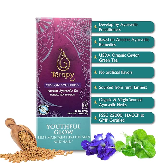Térapy Ceylon Youthful Glow Herbal Tea Bags | Helps Maintain Healthy Skin and Hair | 100% Natural Blue Butterfly Peas, Licorice Root, Green Tea & More | Individually Wrapped Organic Tea Bags |18 Count