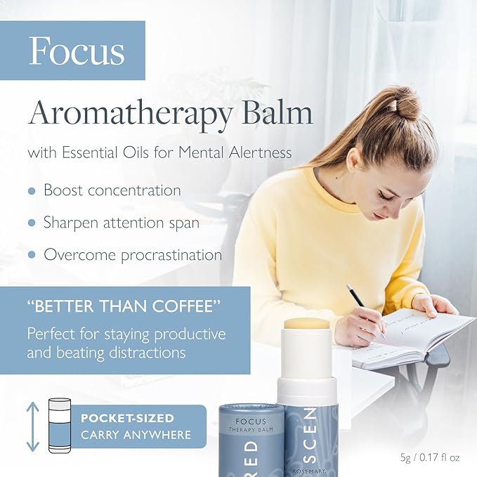 Scentered Aromatherapy Balm Stick for Focus & Concentration - Roll On Essential Oils Blend - 100% Natural: Rosemary, Mint, Clary Sage in Shea Butter - Aromatherapy Gifts for Women