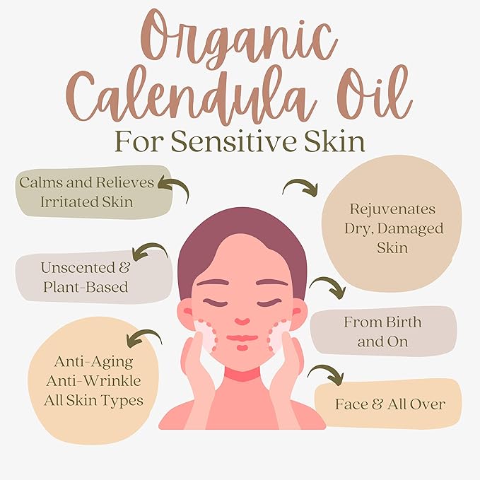 Organic Calendula Oil For Sensitive Skin -Bulk 32 Fl Oz- USDA Organic Certified 100% All Natural Plant Based, Lightweight & Unscented Gentle Soothing Oil For Sensitive Skin - For Face, Skin & All Over