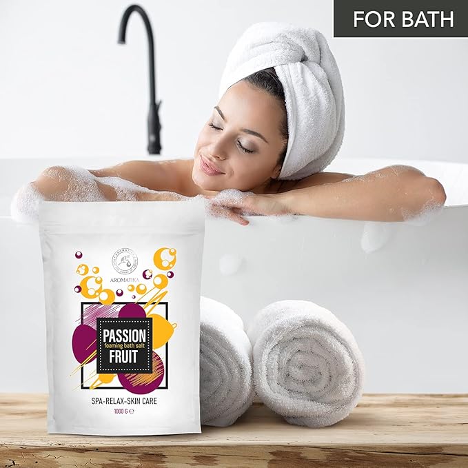Foaming Bath Sea Salt Passion Fruit 35 Oz (1000g) Bubble Bath Salts with Almond & Grape Seed Essential Oil & Passion Fruit Extract for Bath Soak - Relaxing Bath - Aromatherapy Bath Salts