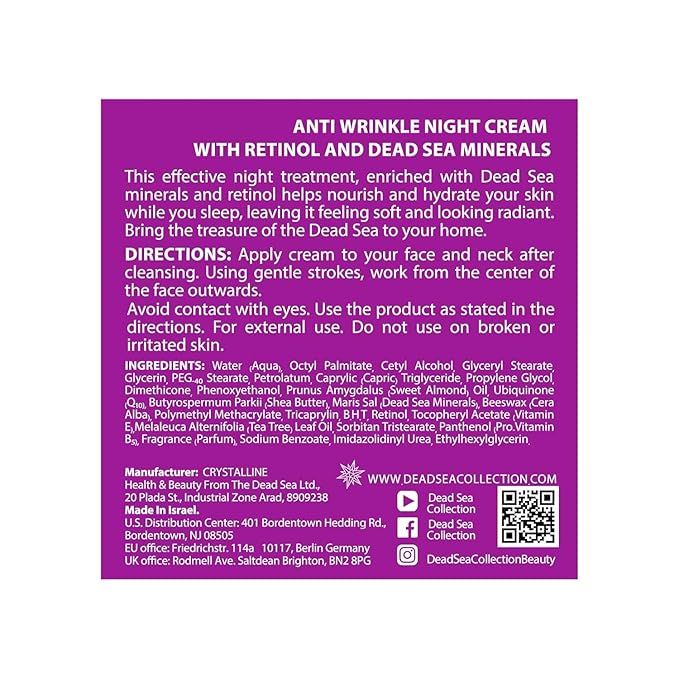 Dead Sea Collection Night Cream for Face with 2% Retinol, Dead Sea Minerals, and Vitamin E – Anti Aging Nourishing Skin Care Moisturizer to Reduce Wrinkles (1.69 fl. oz)