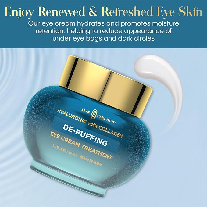 Hyaluronic Acid & Collagen De-Puffing Eye Cream - Reduces Under Eye Bags & Dark Circles, Hydrates - Dermatologist Tested, Korean Skin Care for All Skin Types - 1.0 Fl. Oz