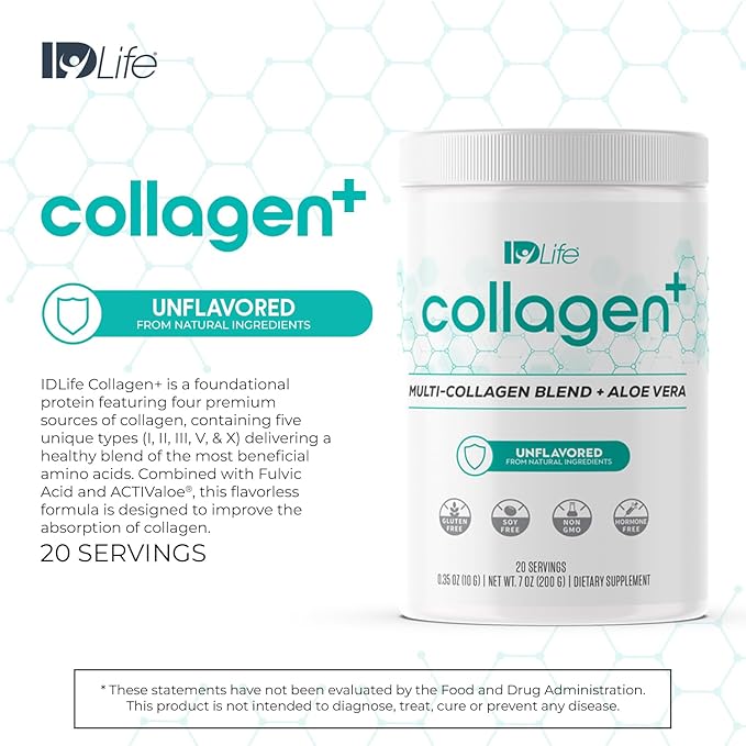 IDLife Collagen+ Powder Drink - Multi-Collagen Blend with Fulvic Acid & Aloe Vera - for Healthy Hair, Skin, Nails, Joints & Gut - 20 Servings / 200g