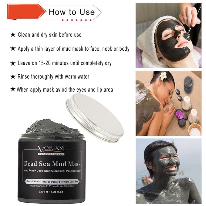 Dead Sea Mud Mask for Face and Body,Deep Cleansing Face Mask for Acne,Pore Minimizer,Natural Skincare Charcoal Blackheads Remover,Skincare Spa Clay Facial Mask for Women & Men 11.28fl.oz