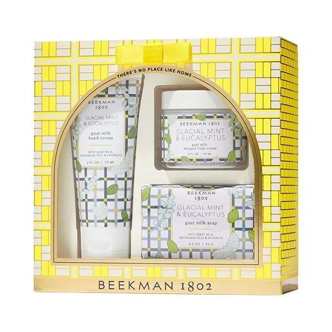 Beekman 1802 At-Home Spa Day Glacial Mint & Eucalyptus Gift Set - Set of 3 - Scented - Cleanses, Moisturizes & Hydrates - With Lactic Acid & Shea Butter - Good for Sensitive Skin - Cruelty Free