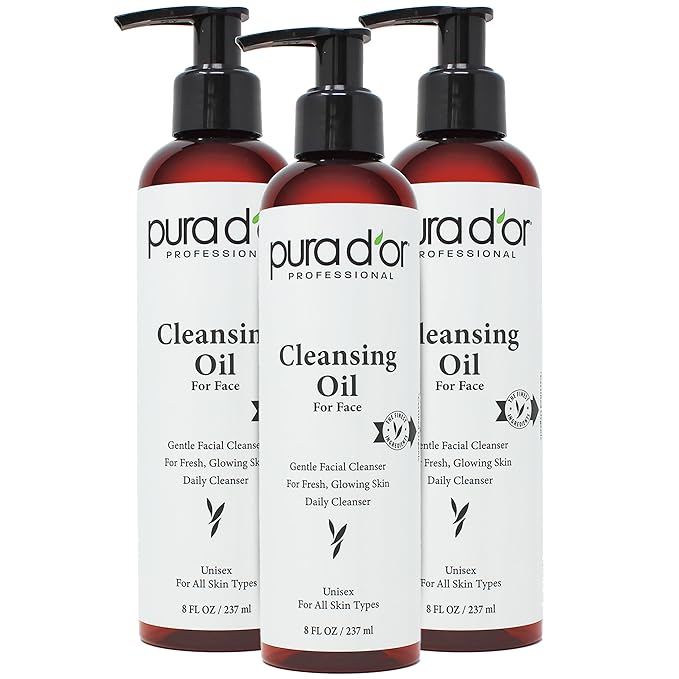PURA D'OR Facial Cleansing Oil (8 Oz x3 = 24 Oz) Nourishing Botanical Blend with & Vitamin, Jojoba and Sunflower Oil - Gentle Makeup Remover & Deep Cleanser For Healthy, Glowing Skin - Paraben-Free