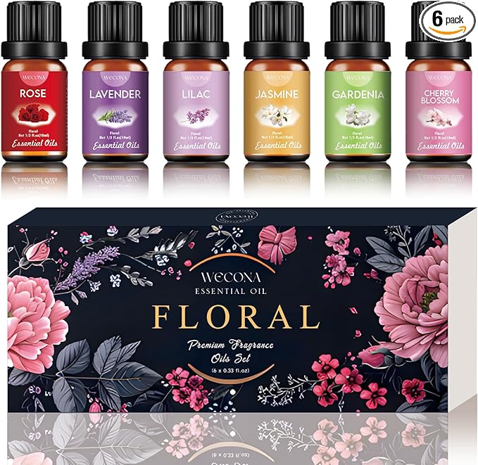 Floral Essential Oils Set for Diffusers & Candle Making - 6x10ml Natural Botanical Blends with Rose, Lavender, Lilac, Jasmine, Gardenia, Cherry Blossom Scents