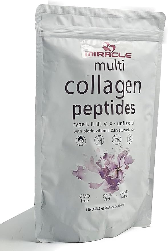 Miracle Multi Collagen Protein Powder, 1 Pound – Types I, II, III, V, X with Biotin, Hyaluronic Acid, Vitamin C – Unflavored Collagen Peptides – Keto & Paleo