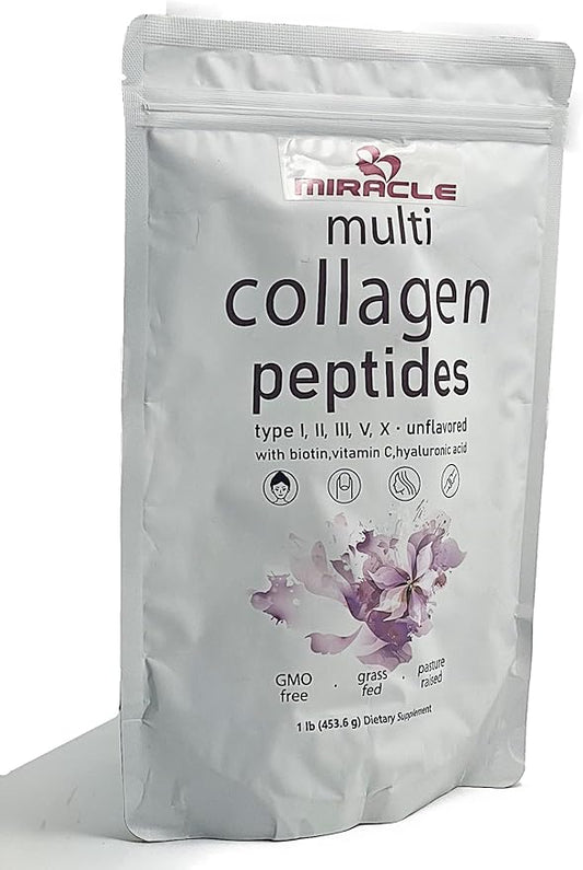 Miracle Multi Collagen Protein Powder, 1 Pound – Types I, II, III, V, X with Biotin, Hyaluronic Acid, Vitamin C – Unflavored Collagen Peptides – Keto & Paleo