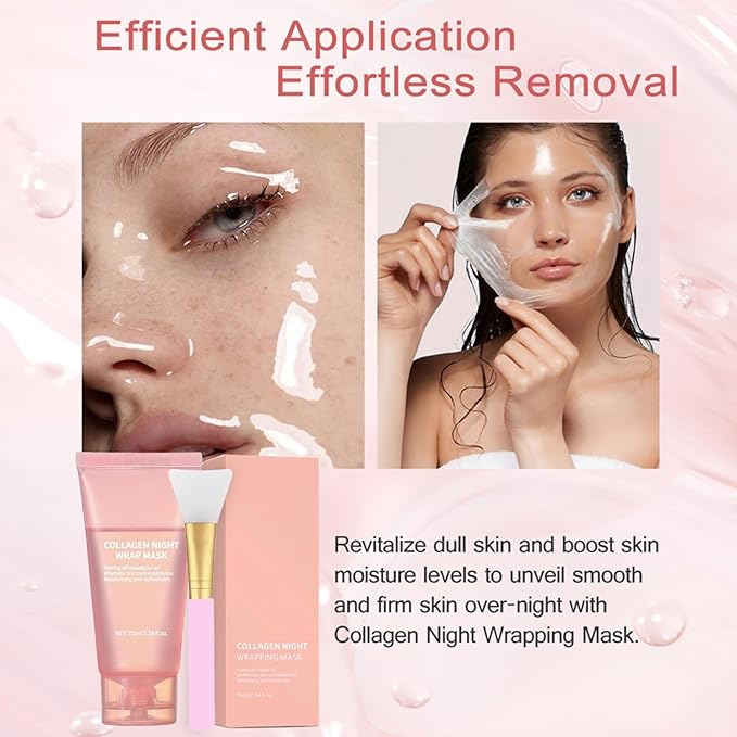 Collagen Overnight Wrapping Peel Off Facial Mask Pack,Collagen Night Wrapping Mask,Hydrates and Tightens Skin,Reduces Sagging,Elasticity & Hydration Care 2.54 fl.oz (with Brush)