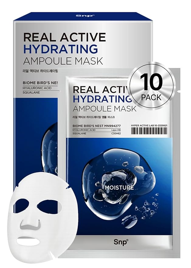 [K Beauty] Real Active Hydrating Ampoule Sheet Mask | Moisturizing and Nourishing for All Skin Types | Vegan Sheet Masks with Hyaluronic Acid | Korean Face Masks Skincare | Facial Mask | 10 Sheets