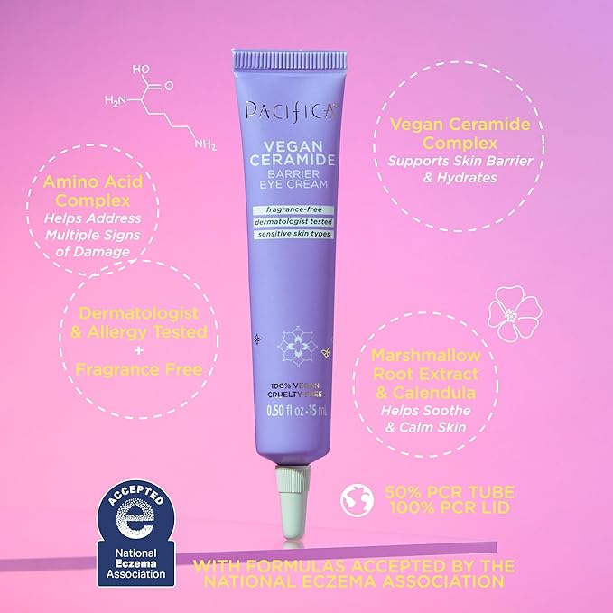 Pacifica Vegan Ceramide Barrier Eye Cream – Hydrating Under Eye Moisturizer for Dry, Sensitive Skin, Fragrance-Free Treatment for Dark Circles, Puffiness & Fine Lines Dermatologist Tested Clean Beauty