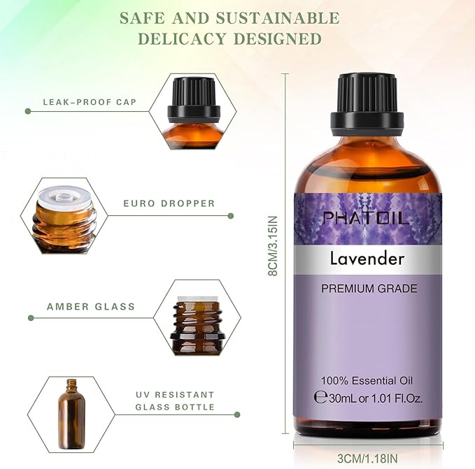 Lavender Essential Oil 1.01fl.oz/30ml, PHATOIL Lavender Oils Long Lasting Scents for Aromatherapy, Diffuser, DIY Soap and Candle Making