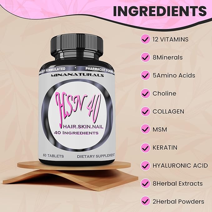 HSN 40 Hair Skin and Nails Growth Vitamins for Women. Biotin 10000 mcg, Keratin, Collagen, for Thicker, Stronger Hair. Tight, Smooth and Soft Skin. Healthy Nails.
