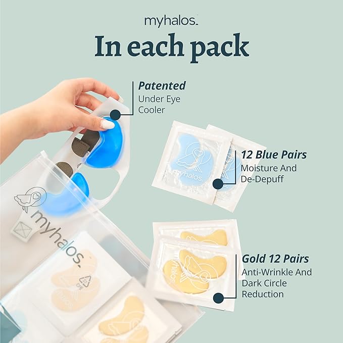 MyHalos Patented Eye Ice Pack for Puffy Eyes Set - Under Eye Masks for Dark Circles and Puffiness- 24 Eye Patches for Wrinkles - Under Eye Ice Pack With Under Eye Patches - Cold Eye Mask for Puffiness