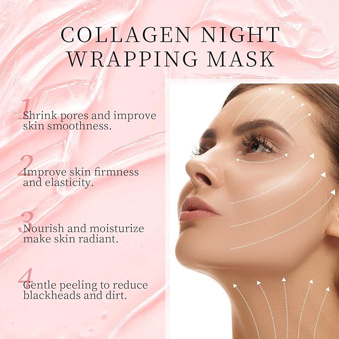 Collagen Night Wrapping Mask,Peel Off Facial Mask Collagen Face Mask,Deep Cleansing, Firming Skin, Reduces Sagging & Dullness, Glowing Skin (with Brush & Gua sha facial tools)