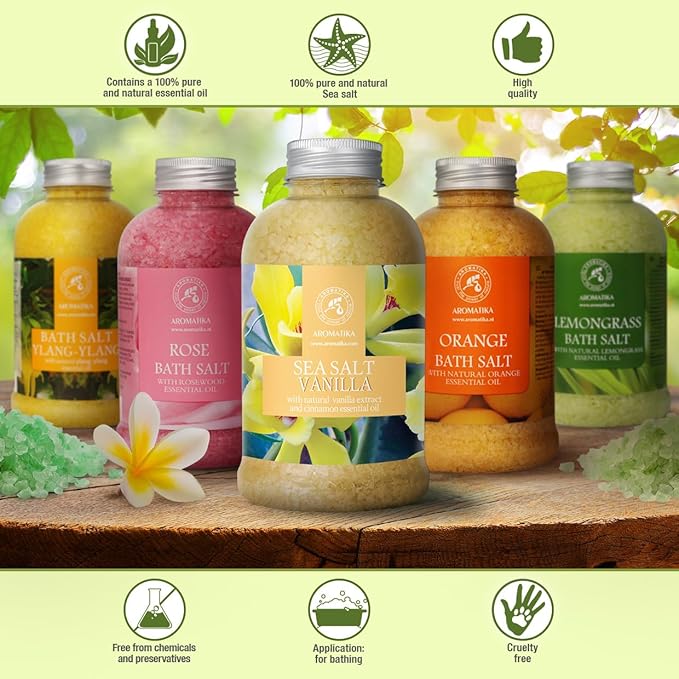 Sea Salt Vanilla 21.16 Oz - w/Vanilla & Cinnamon Essential Oils - Natural Bath Sea Salts - Best for Bath - Good Sleep - Relaxing - Body Care - Beauty