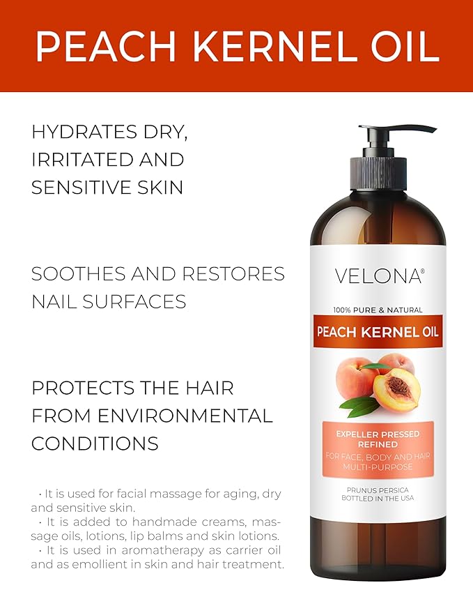 Peach Kernel Oil by Velona - 8 Fl Oz | 100% Pure and Natural Carrier Oil | Refined, Cold Pressed | Cooking, Skin, Hair, Body & Face Moisturizing | Use Today - Enjoy Results