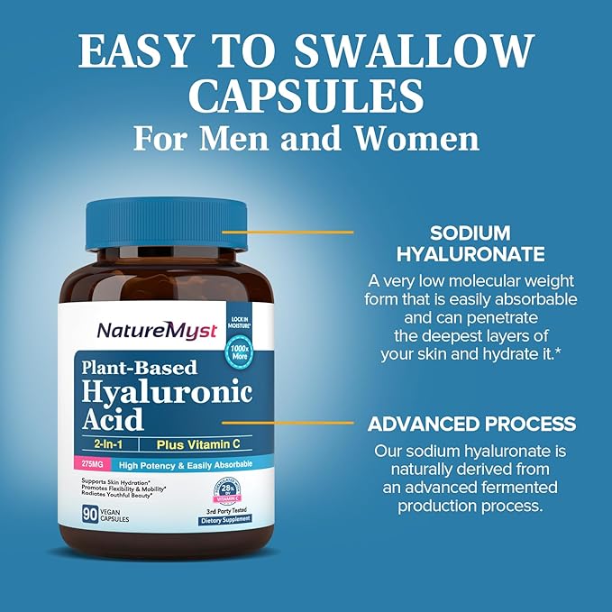 Hyaluronic Acid Supplement, with Vitamin C, 250mg Plant-Based HA, 90 Vegan Caps, for Skin & Eyes, Collagen Production, Easily Absorbable