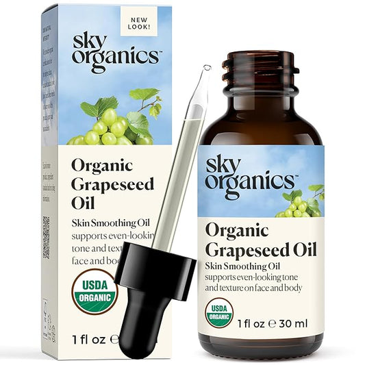 Sky Organics Organic Grapeseed Oil, Skin Smoothing Oil To Support Healthy and Even-Looking Skin Tone and on Face and Body, Suitable for All Skin Types, 100% Pure & Cold-Pressed 1 Fl Oz