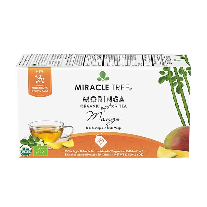 Miracle Tree - 6 Count of Organic Moringa Superfood Tea, 25 Individually Sealed Tea Bags, Mango (Keto, Detox, Energy/Immunity Booster, Vegan, Gluten-Free, Organic, Non-GMO, Caffeine-Free)