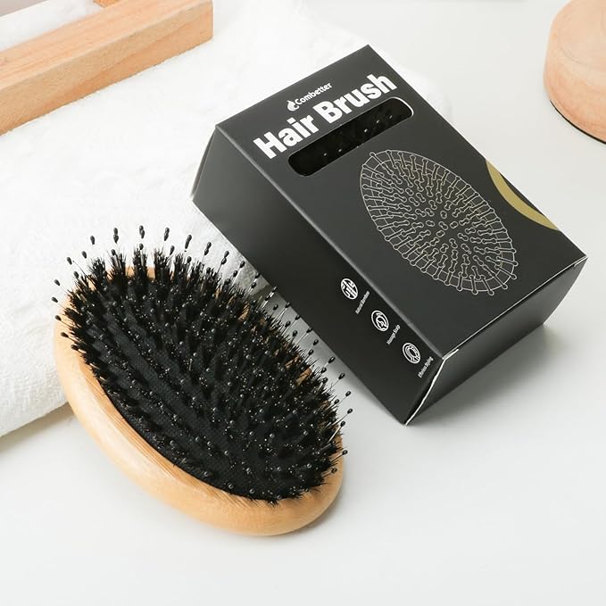 Boar Bristle Hair Brush Combtter Smoothing Scalp Stimulator & Boar Bristle Brush for Added Hair Shine, Moisture & Volume - Tame Frizz & Help Remove Buildup