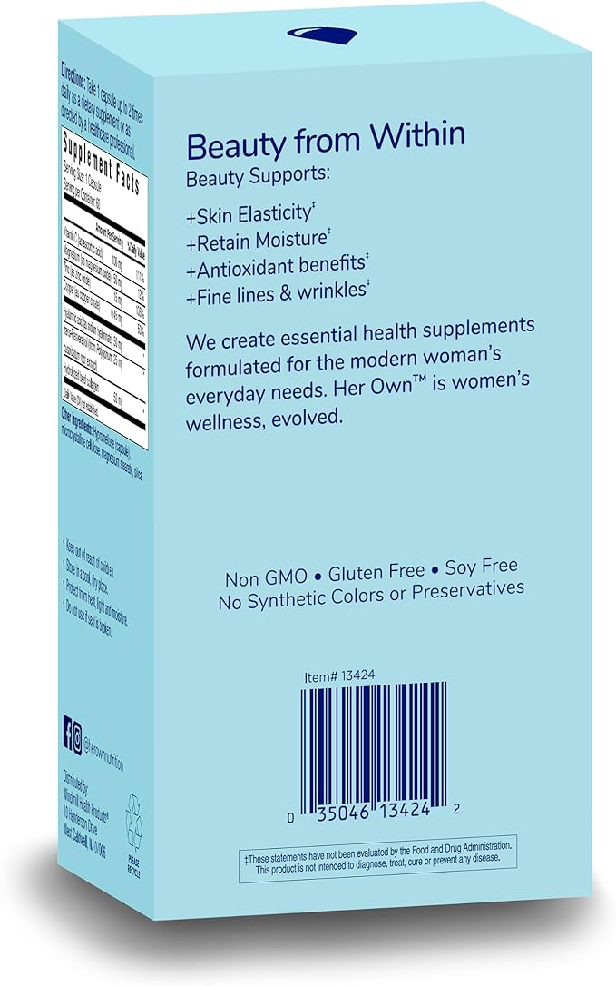 Her Own Beauty Hyaluronic Acid Capsules, Skin Hydration, Nourishes and Protects Skin, Essential Collagen, Hyaluronic Acid, Supports Beautiful Skin, with Zinc, Magnesium, Vitamin C, 60 Count