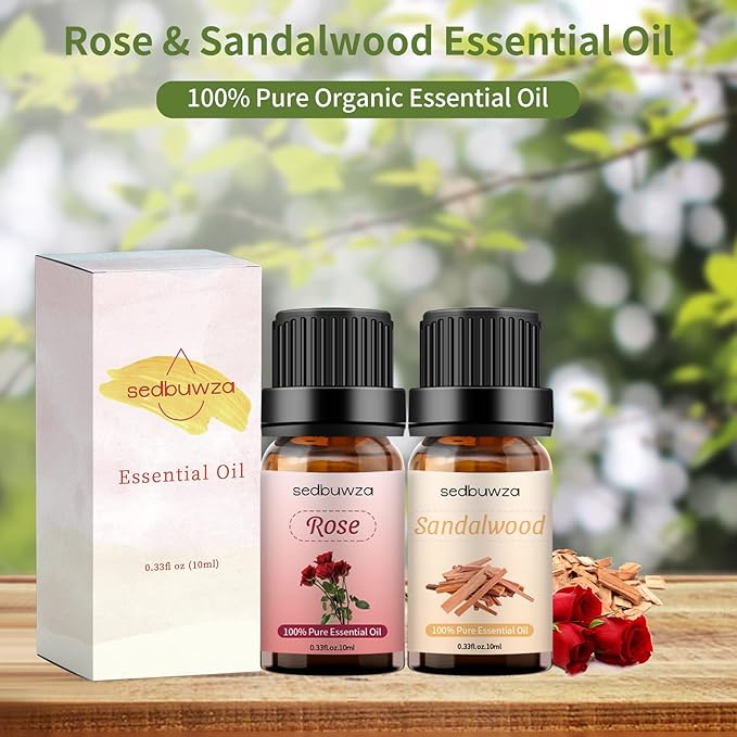 Sedbuwza Rose Sandalwood Essential Oil Set, Rose Fragrance Oil Sandalwood Scent Oil Set for Diffuser, Aromatherapy, Massage, Soap, Candle Making 2 x 10 ml