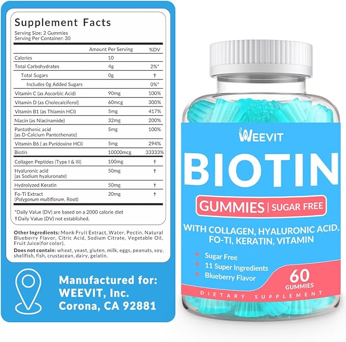 Sugar-Free Biotin Gummies, Biotin and Collagen Gummies with Keratin, Hyaluronic Acid for Women & Men | Hair Growth, Glowing Skin & Strong Nails | Vitamin B7 Supplement, Non-GMO, Chewable