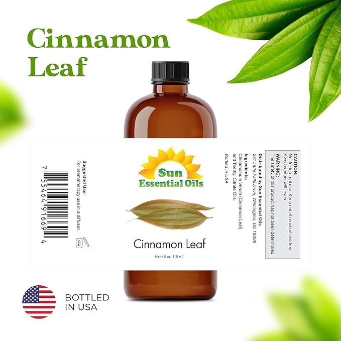 Sun Essential Oils Cinnamon Leaf Essential Oil 4oz Bottle for Humidifier, Diffuser, Soaps, Candles, Aromatherapy, Home Care, and Soap Making