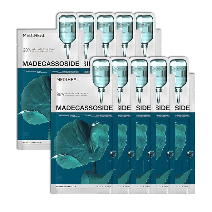 Mediheal Madecassoside Essential Sheet Mask Blemish Repair 10 pcs. 98% Purity Madecassoside & Hyaluronic Acid Included. Enhancing Moisture Barrier & Skin Texture Care. Vegan Formula Sheet Mask