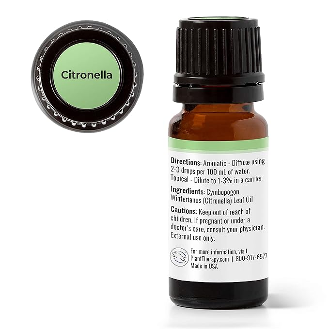 Plant Therapy Citronella Essential Oil 10 mL (1/3 oz) 100% Pure, Undiluted, Citronella Oil for Aromatherapy, Diffuser, Candle Making, Skin Care, Outdoors, Therapeutic Grade