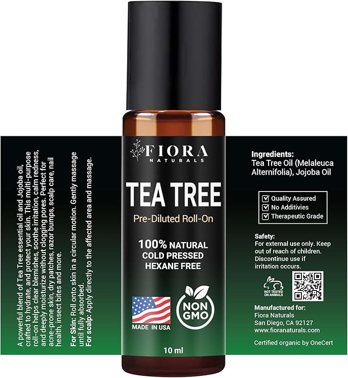 Fiora Naturals Tea Tree Oil Roll On - 100% Natural Tea Tree Essential Oil for Skin, Face, Acne, Nails, Cuticles, Scalp & Aromatherapy Wellness