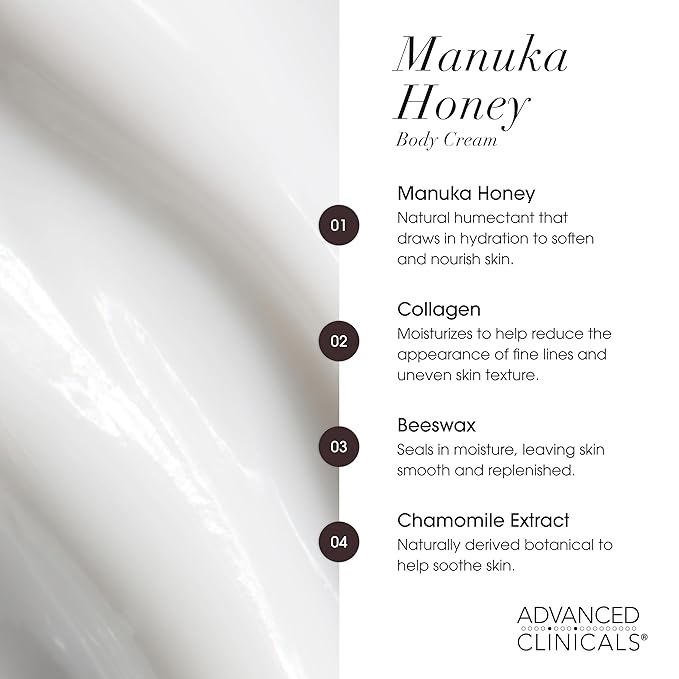 Advanced Clinicals Manuka Honey Body Cream For Women & Men | Body Butter Lotion For Extremely Dry Skin | Collagen Cream | Skincare Moisturizer Hydrating Balm Improves Look Of Aging Skin, 16 Ounce