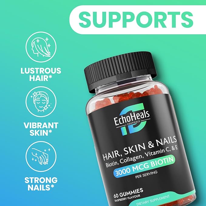 Hair, Skin & Nail Gummies | Biotin Collagen Vitamin C & E Supplement | 3000mcg Biotin | Raspberry Flavored | 60 Gummies