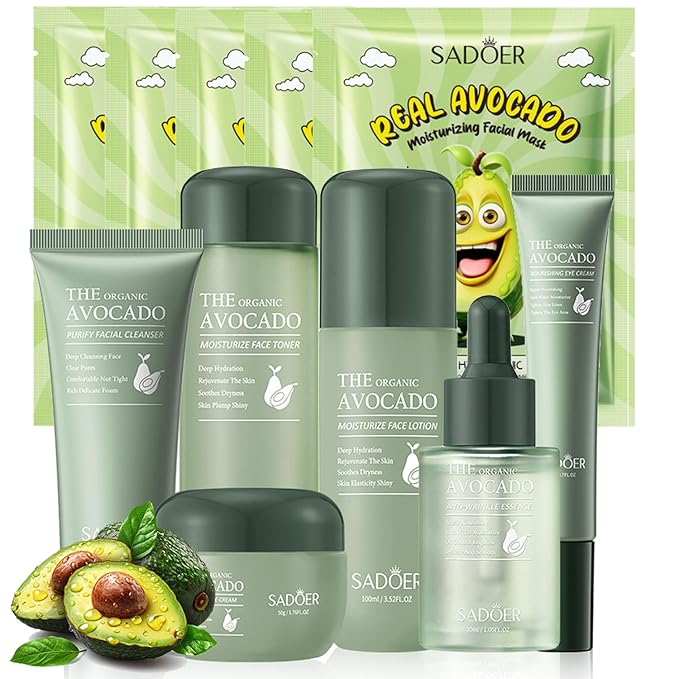 11pcs Avocado Skincare Kit, Skin Care Gift Set with Lip Balm, Toner, Lotion, Face Serum, Eye Cream For Hydrating Skin, Anti-Aging Skin For Women Teen Girls