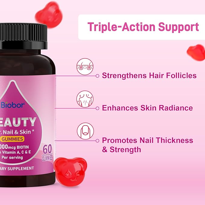 Sugar Free Beauty Gummies, Hair Skin and Nails Gummies with Vitamins A C E, Natural 6000mcg Biotin Gummies for Women Men, GMO Free, Gluten Free (Strawberry, 60 Count)