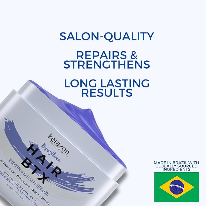 KERAZON Blonde Brazilian Hair BTX Treatment Purple Mask Platinum Effect & Silver Hair Providing Smoothing, Deep Hydration, Anti-Brass, Shine, Softness, Volume & Frizz Control